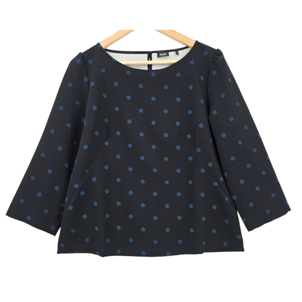 EMME Marella Womens 10 Black Blue Granada Polka Dot 3/4 Sleeve Blouse